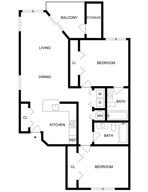 Floor plan for 2 beds, 2 baths, 943 sqft